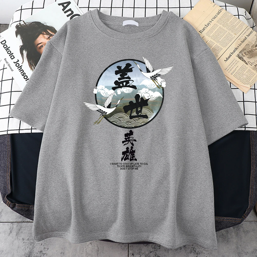 

2022 Crane Japanese Style Printing Male T Shirts Cool Crewneck Tshirts Creativity Loose Tshirt Fashion Oversize Man Tee Shirts