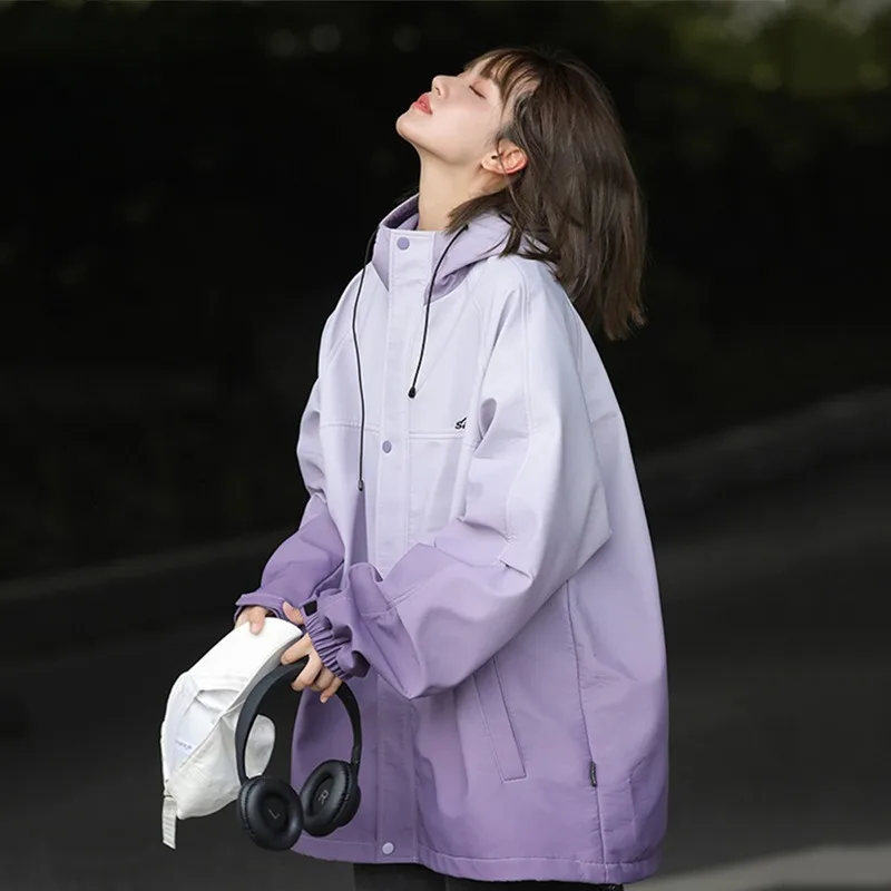 2026 Women's Spring-Autumn Gradient Hooded Jacket, No Inner Lining, New Fashionable Loose Purple Coat Jacket Women