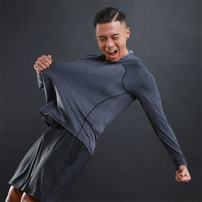 Sport Bodybuilding Sweatshirt Running Jacket Men Hoodies Gym Training Fitness Compression Jersey Long Sleeved T-Shirts Fast Dry