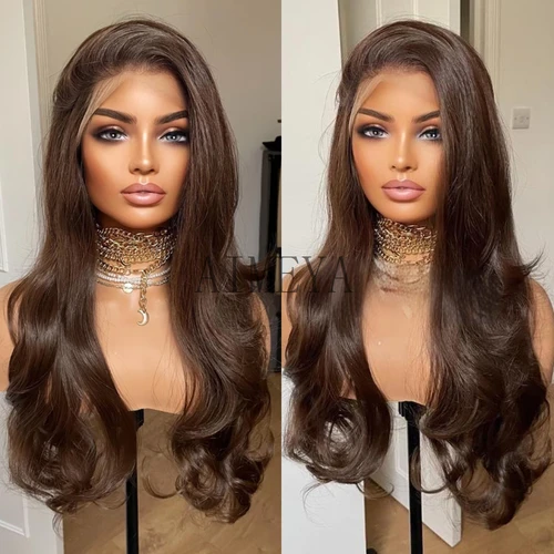 AIMEYA pelucas largas marrones para mujer, peluca de encaje sintético, pelucas frontales de encaje ondulado, Cosplay resistente al calor, línea de cabello Natural, uso diario