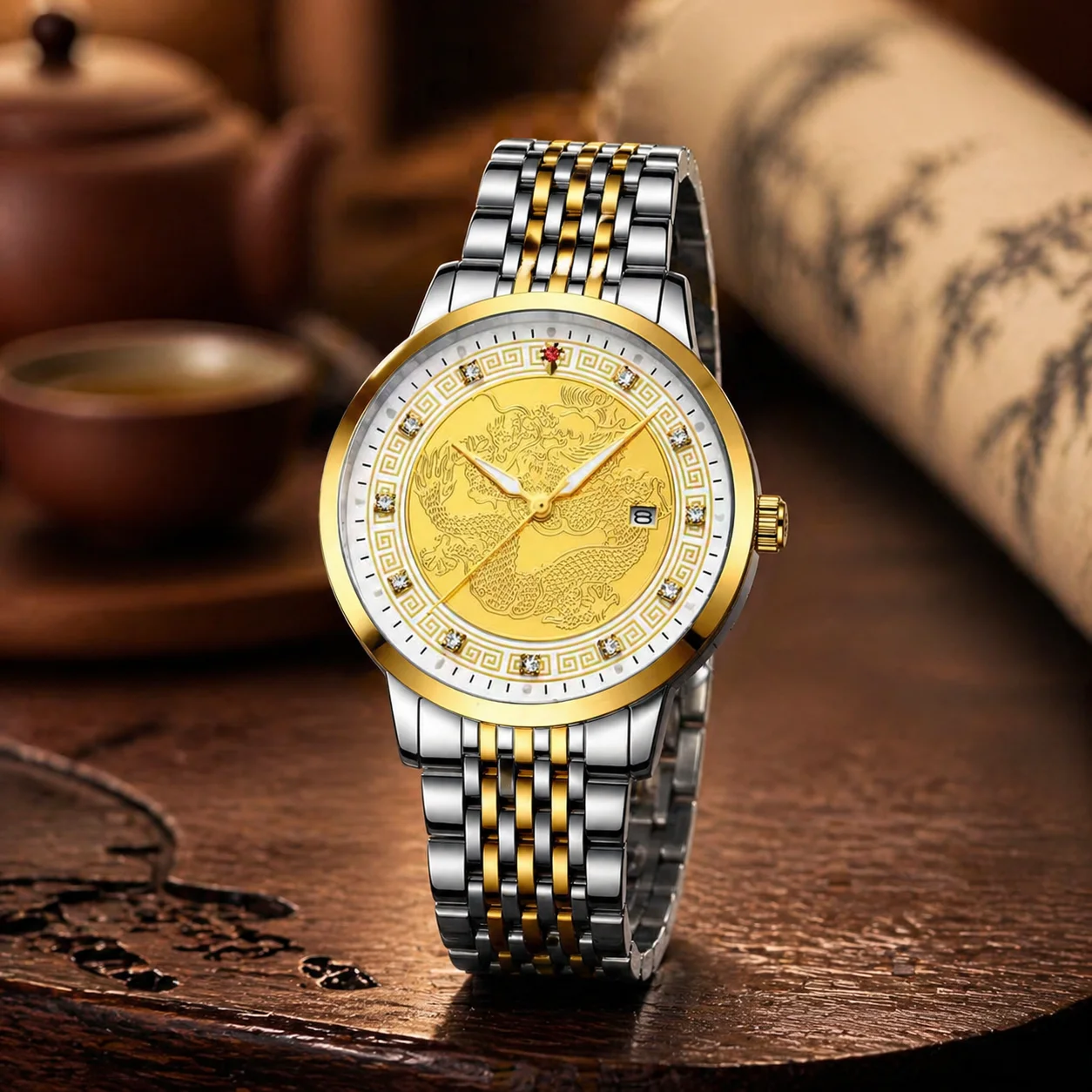 Men’s casual quartz wristwatch with a yellow dial featuring a dragon motif and luminescent hands, ideal for the daily commute