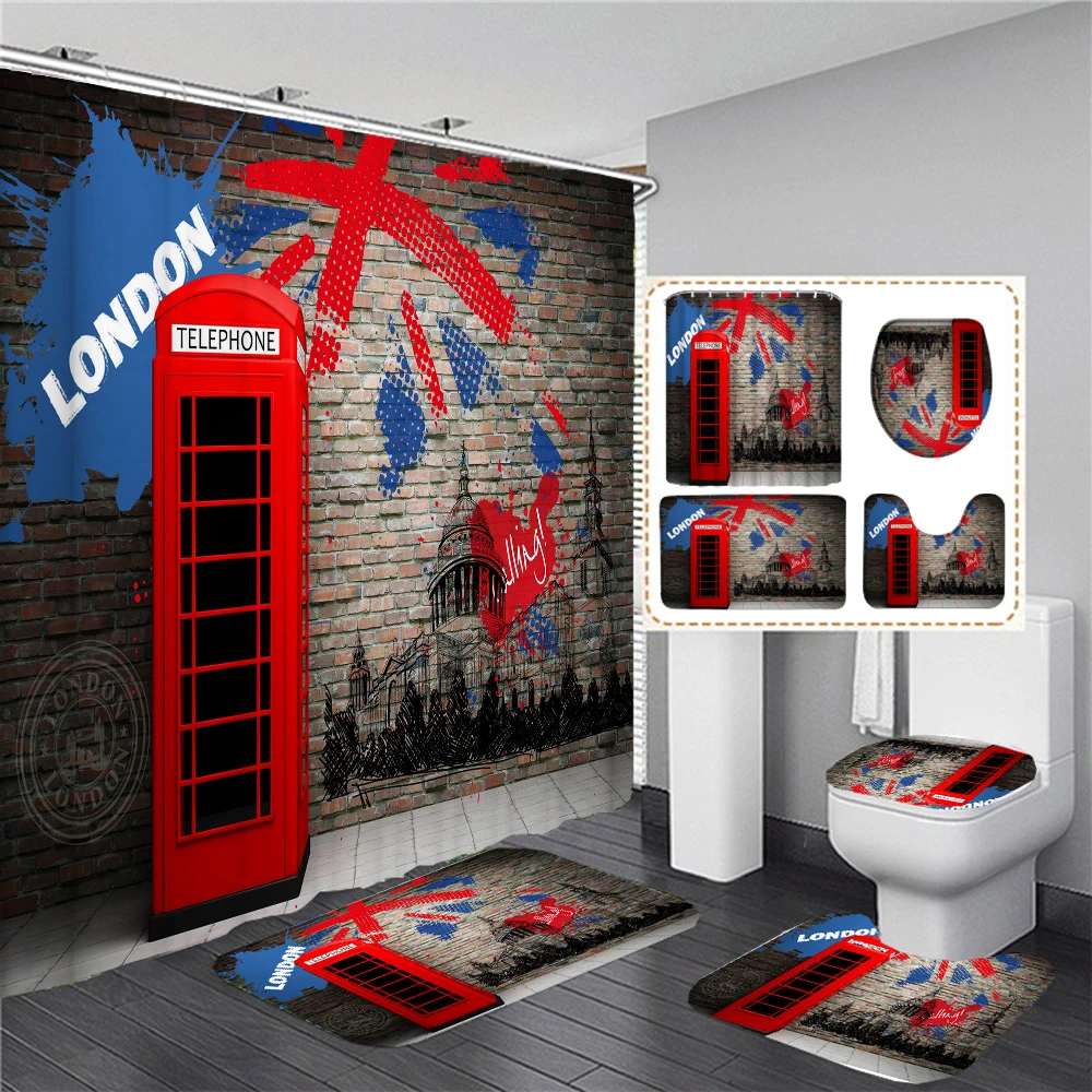 london Street Phone Booth Print Shower Curtain European Style Waterproof Bathroom Curtains Home Decor Non-Slip Rugs Bath Mat Set