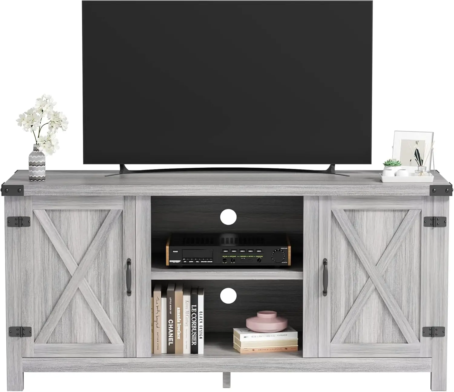 TV Farmhouse Entertainment Center with Double Barn Doors and Storage Cabinets, Console TV Table Media for Living Room, Bedroom (