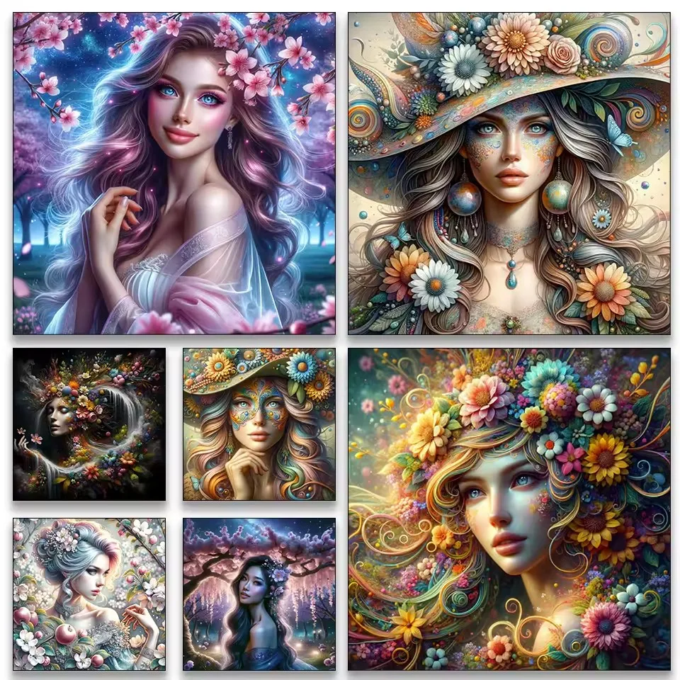 Diamond Painting Abstract Art Beauty Woman and Flowers Cross-stitch Kit 5D DIY Diamond Mosaic Embroidery Set Home Decoration
