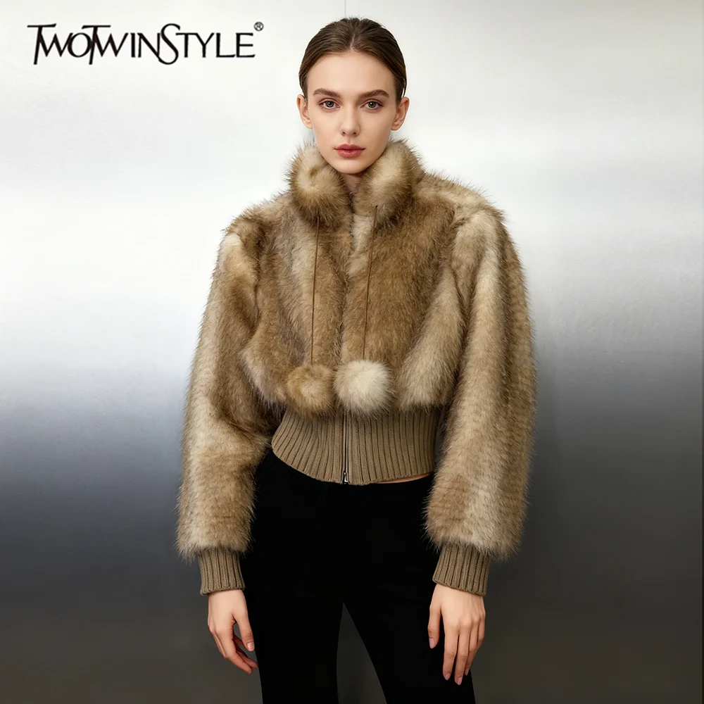 

TWOTWINSTYLE однотонные утягивающие модные куртки из сращенного меха для женщин, короткая куртка со стойкой и длинными рукавами в стиле пэчворк на шнуровке, женская