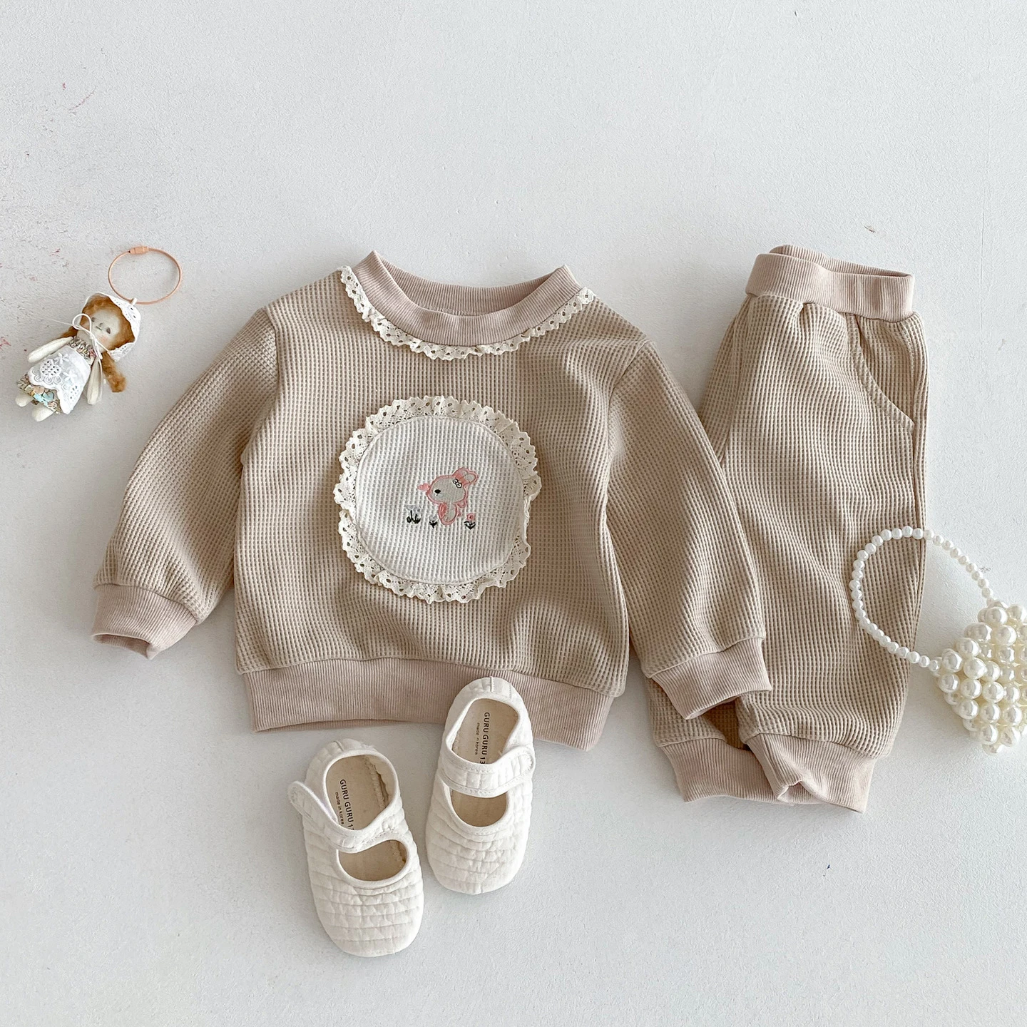 9m-4Y Autumn Girls Clothing Set Toddler Girls Hoodie And Pants 2 Pcs Girls Suit Kids Waffle Outfit Casual Daily Outerwear