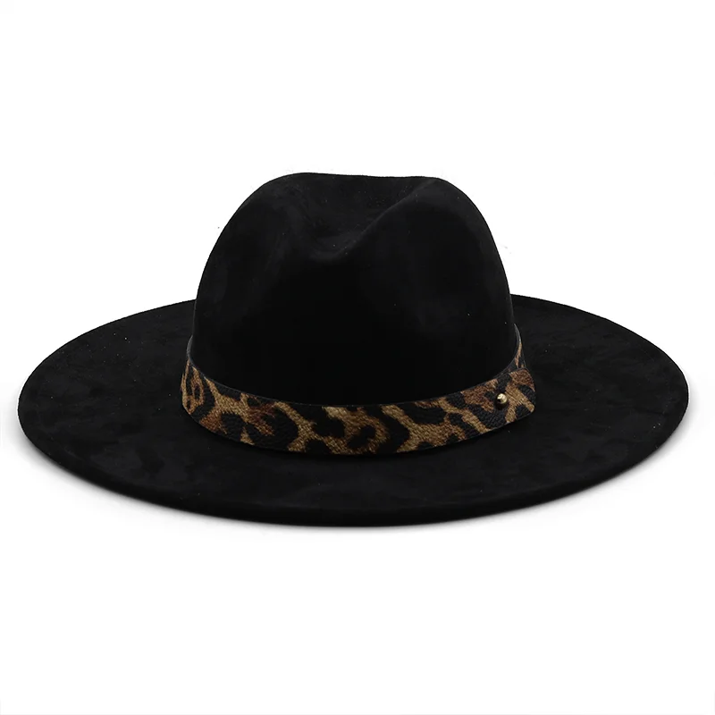 Hot Suede Women Men Leopard belt Fedora Hat For Winter Autumn Elegant Lady Gangster Trilby Felt Homburg Church Jazz Hat 55-58CM