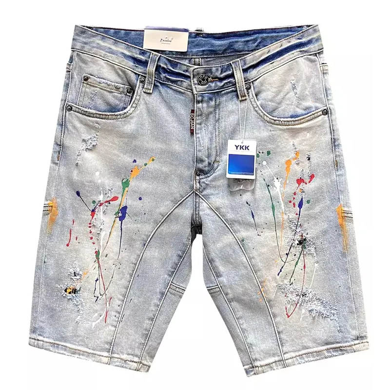 Pantalones vaqueros rasgados elásticos Retro para hombres, pantalones cortos de Hip Hop pintados, moda urbana, diseñador de verano, azul claro