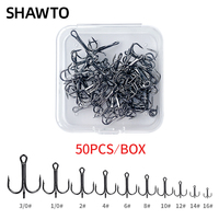 Shawto 50pcs High Carbon Treble Fish Hook Super Sharp Solid Size 3/0#-16# Triple Barbed Steel Fishing Lure Jigging Fishing Hook