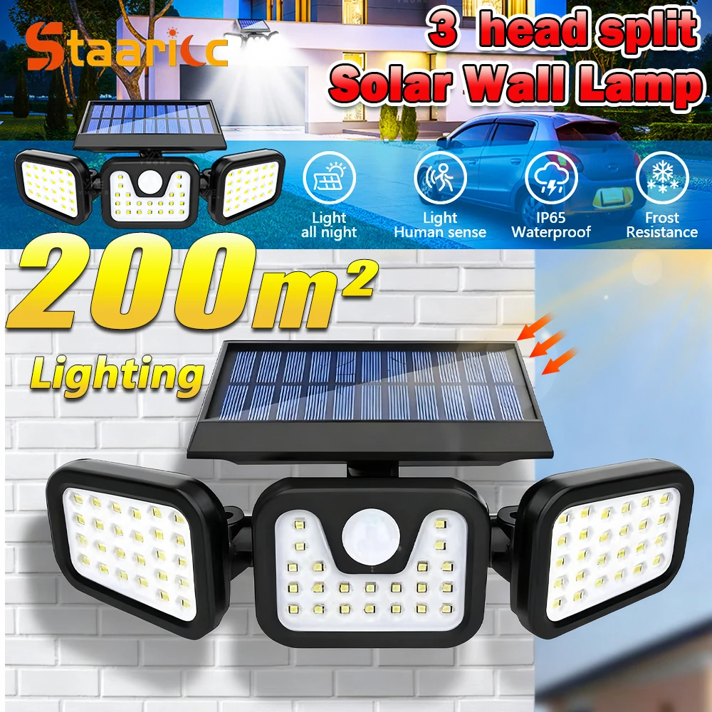 Led Solar Light Outdoor Motion Sensor Human Body Sensing Adjustable Head Ip65 Waterproof Solar Three Head Wall Lamp Garden
