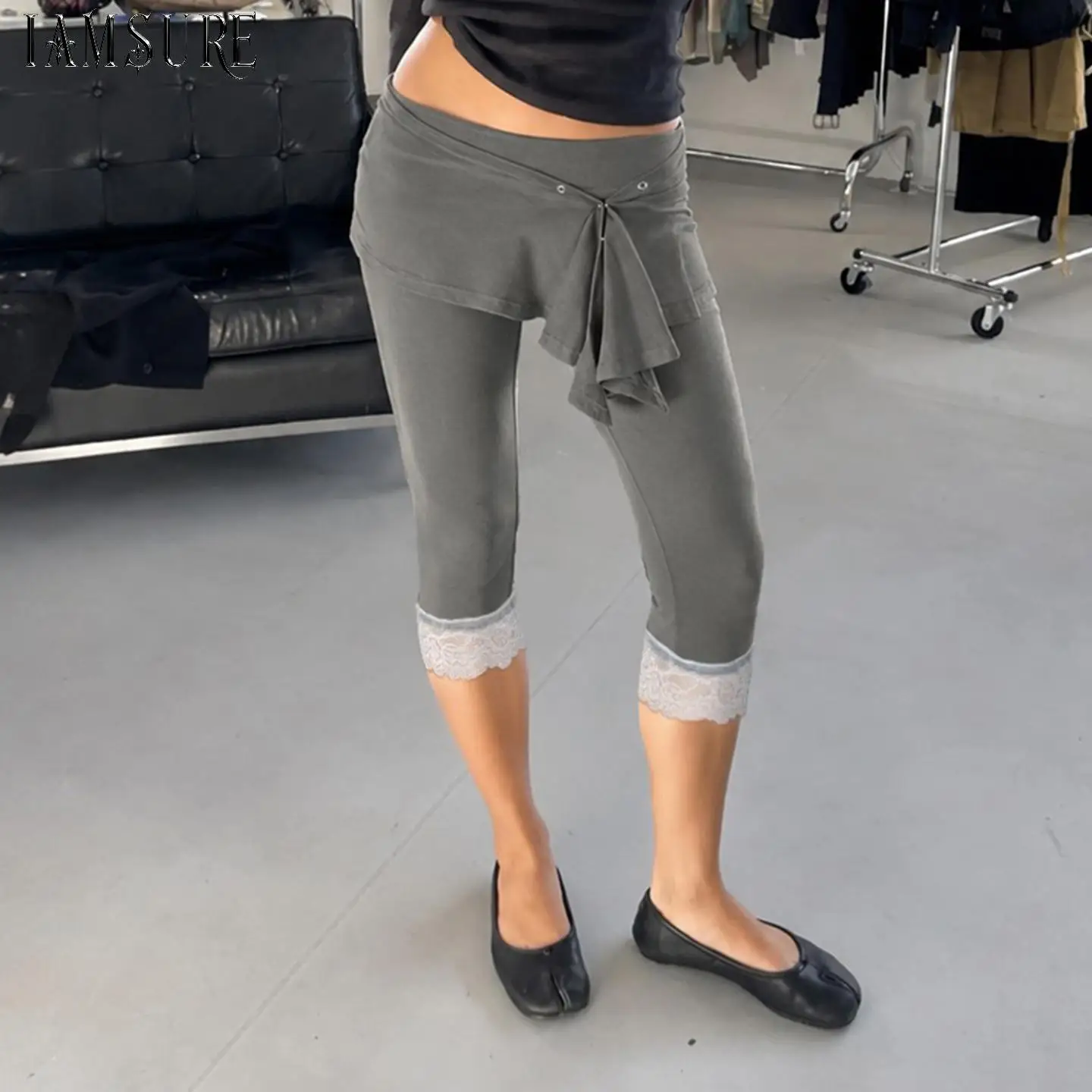 Women's High Waisted Tie Front Capri Leggings with Lace Hem Casual Stretch Gym Yoga Half Pants Fashion Streetwear Capris Bottoms