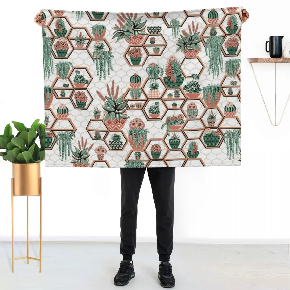 Cacti and Succulent Hexagon Moroccan Garden Throw Blanket Flannel Soft Big Warm bed plaid Bed Fashionable Travel Blankets