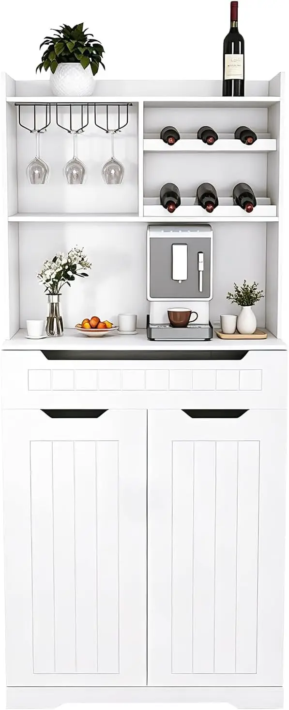 71 Inch Tall Kitchen Pantry Storage Cabinet with Hutch, Coffee Bar Cabinet with Large Drawer, Wine Glass Rack, Bottle Storage and Double Doors for Dining Room Living Room