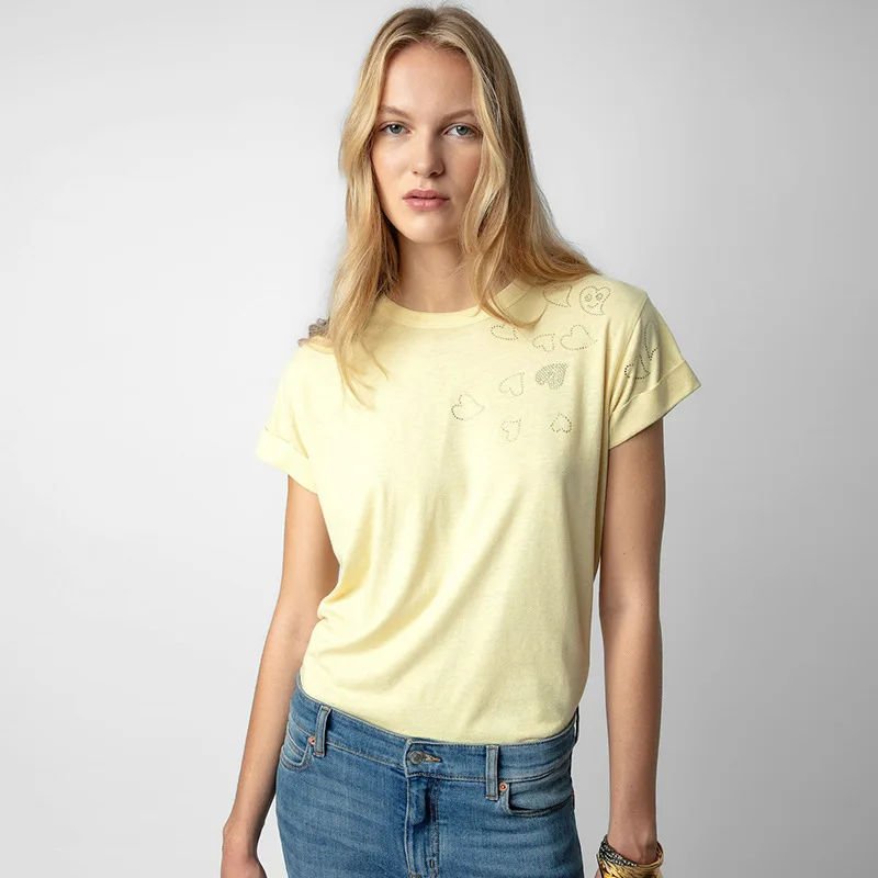 Spring new French niche ZV heart-shaped hot stamping sleeves rolled edge linen yellow women's round neck short sleeved T-shirt