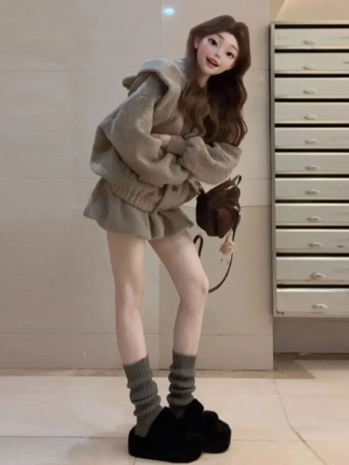 

Корейский высококачественный комплект из двух предметов: куртка с капюшоном из овечьей шерсти и юбка с цветочным принтом для модного женского образа весной