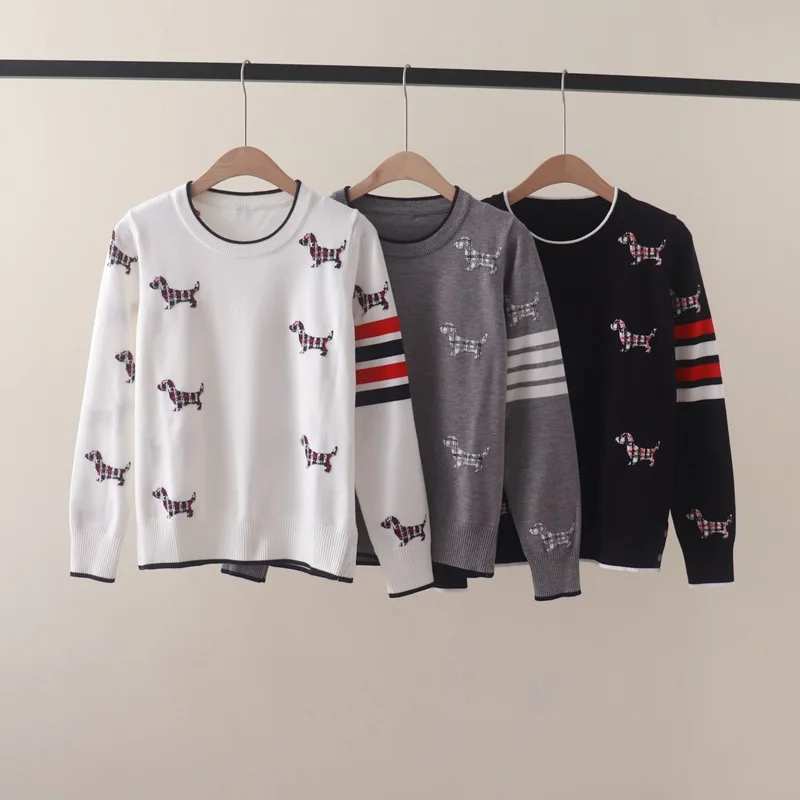 Autumn and Winter NewtbStriped Four Bars Full Body Plaid Puppy Jacquard round Neck Pullover Long Sleeve Sweater Sweater