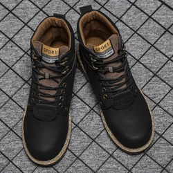 Men's Winter Casual Ankle Biker Boots Outdoor Sports Round Toe Shoes High Top Anti-slip Wear-resistant Plus Velvet Keep Warm