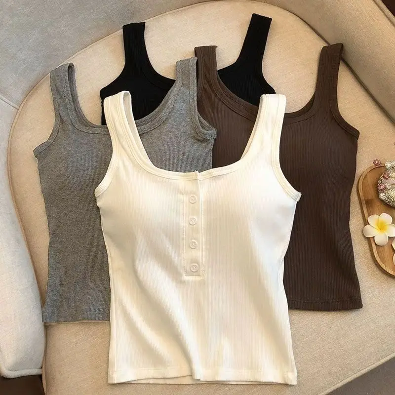 1-teiliges geripptes Henley-Tanktop für Damen, ärmelloses Camisole-Top mit quadratischem Ausschnitt und Knopfleiste vorne und integriertem BH – Detail 2