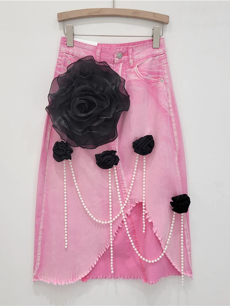 DEAT Women's Denim Skirt Split Burrs A-line Spliced Flowers Pearls Chains Taasel Long Skirts 2025 New Fashion Spring 33A1722