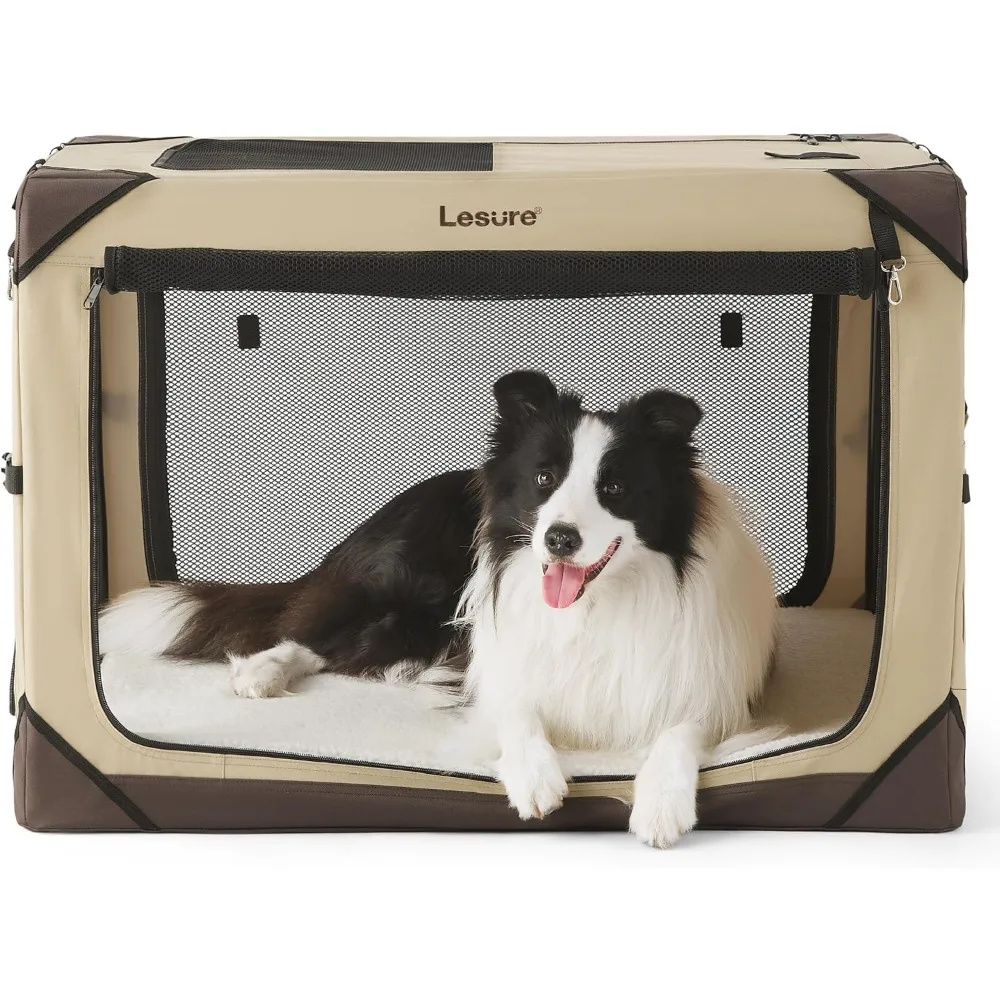 

Lesure Collapsible Dog Crate - Portable Dog Travel Crate Kennel for Large Dog, 4-Door Pet Crate with Durable Mesh Windows,