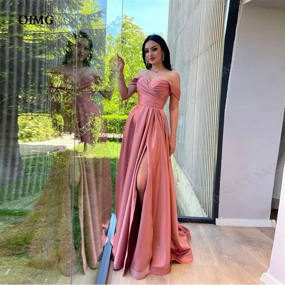 

OIMG Dusty Pink Off Shoulder Quinceanera Dress Draped Side Slit Evening Prom Gowns Ankle Length Gorgeous Custom Made Outfit