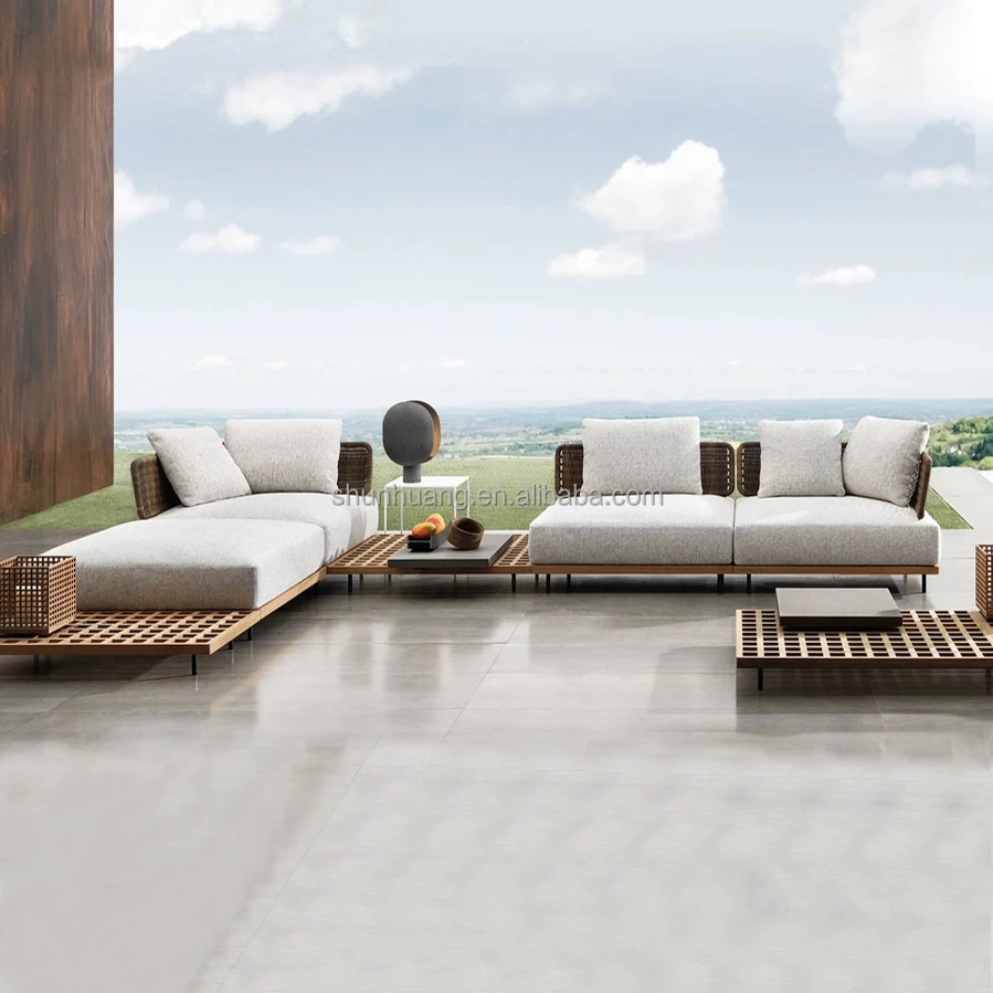 

Luxury Modern Garden Sofa Set Outdoor Furniture Wooden Patio Couch Sectional Teak Aluminum Leisure Sofa