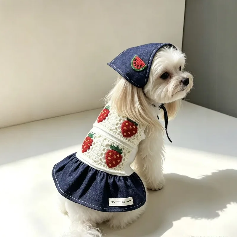 Cute Pet Clothes Denim skirt Strawberry Princess-Style Dogs Cats Dress for Small Dogs For Teddy Bichon Shirt Christmas Clothing