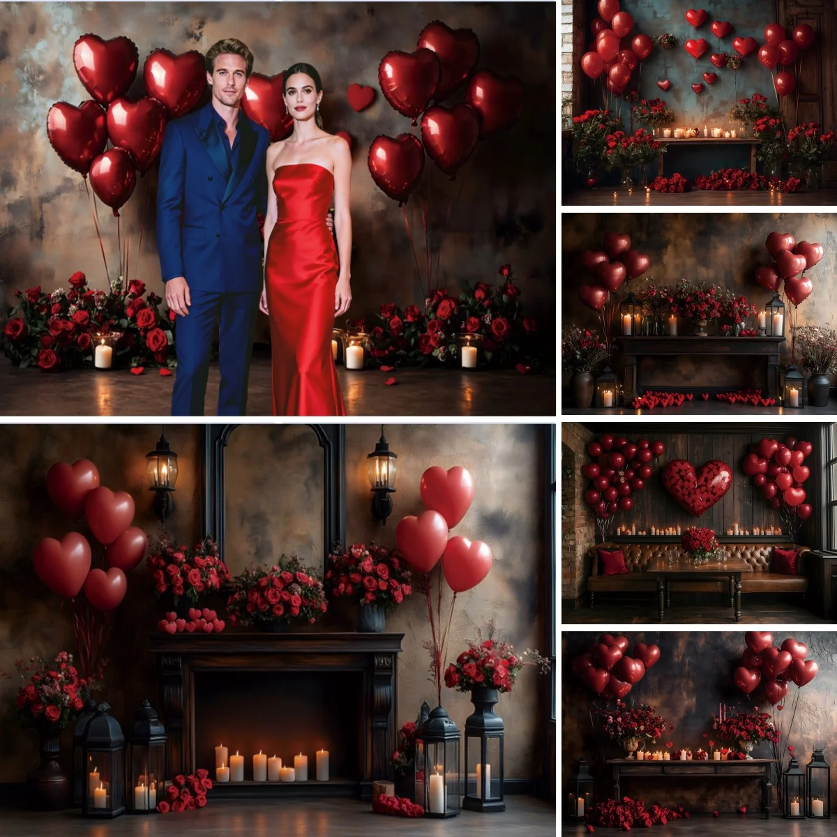 Valentine's Day Backdrop Retro Grey Wall Sweet Love Heart Balloon Flowers Candles February 14th Couple Portrait Photo Background