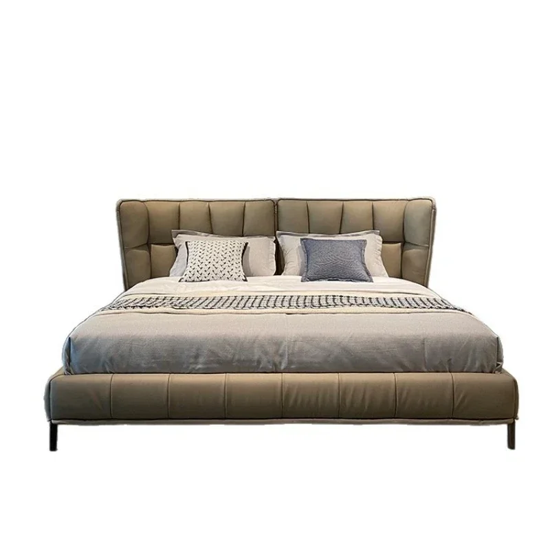 Italian minimalist muscle leather bed, modern minimalist wabi sabi style master bedroom, double bed, model room furniture