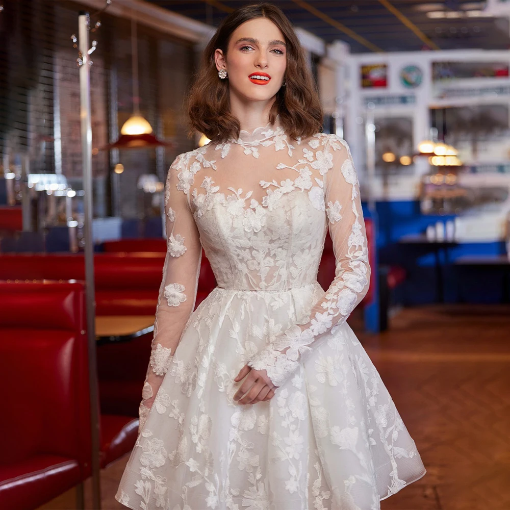 

Beautiful Full Lace Mini Wedding Dresses Removable Top Long Sleeves Short Bridal Grown Custom Made Party Dress Vestido De Noival