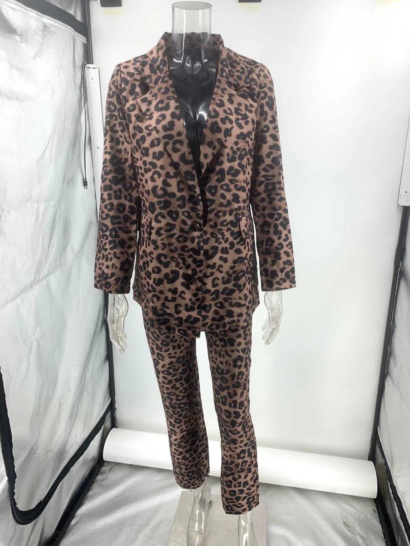 Women Leopard 2 Piece Blazer Sets Fall Long Sleeve Blazer And Slim Fit Pants Suits Y2K Street Work Office Two Piece Outfits