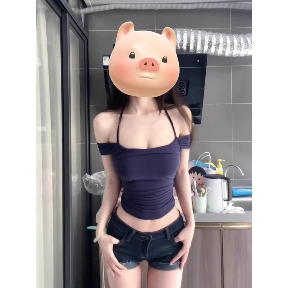 Sweet And Spicy Girl Neck Hanging One Shoulder T-Shirt Women's Short Sleeve Summer Slim Fit Sexy Pure Desire Short Top