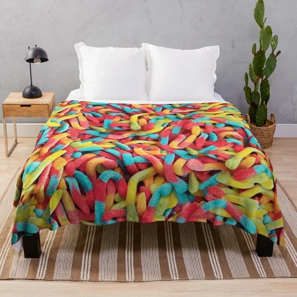 

Neon Sour Gummy Worm Pattern Throw Blanket Decorative Sofas Decorative Throw Flannel Beautifuls Blankets