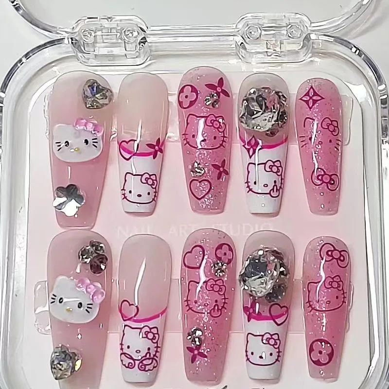 Y2K Style Hello Kitty Nail Enhancement Wearing Fake Nail Patches Sweet Spicy Girl Cute Aurora French Kitty Nail Patches Jewelry