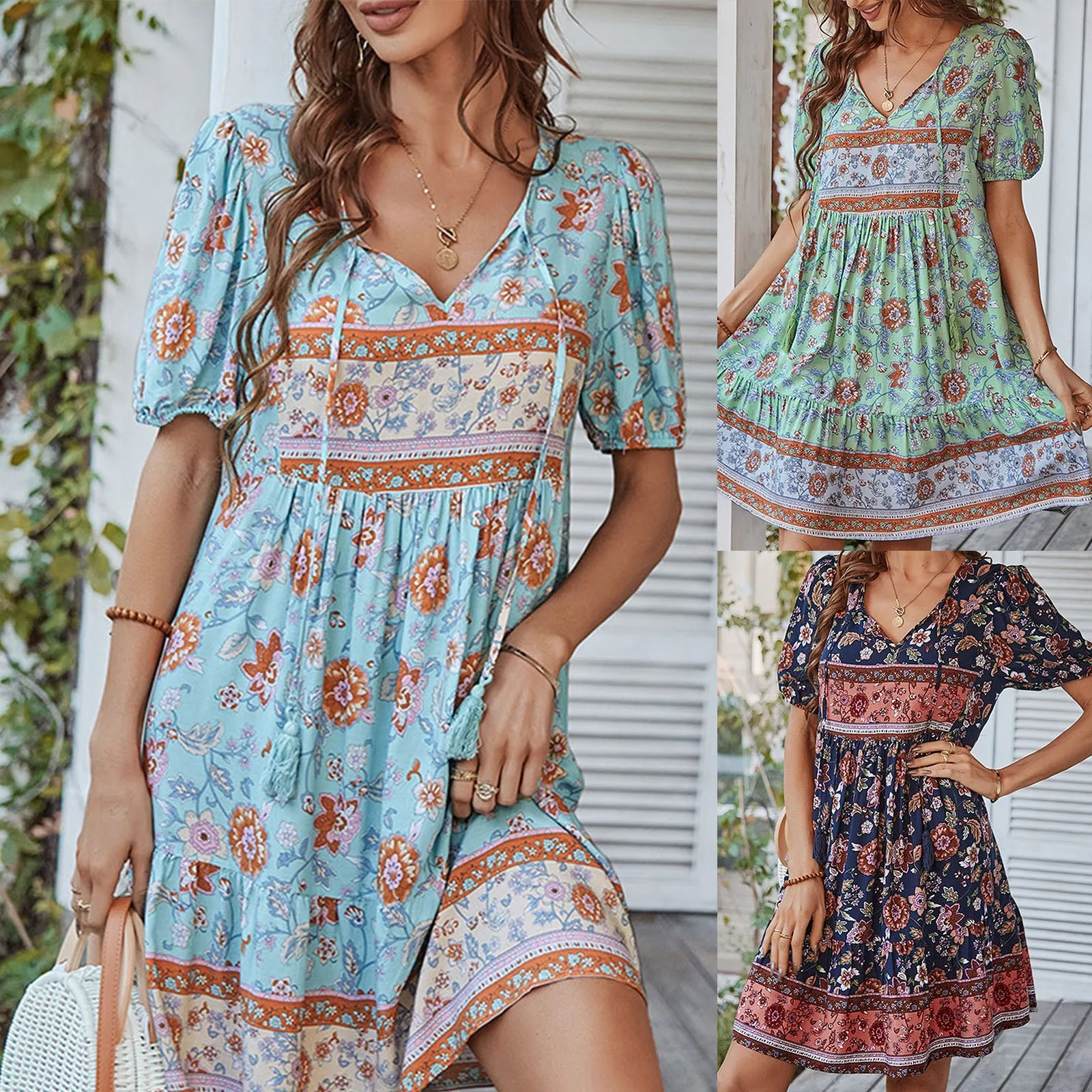 Dames Boho Korte Bloemenprint Zomerjurk Vrouwen Losse Casual Hoge Taille Ruches Mouw Mini Vrouwen Jurk Vrouwelijke Gewaad vestidos