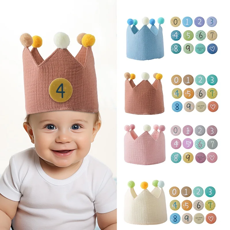 

Baby Cotton Birthday Hat Set Kid 1-9 Year Crown Woolen Ball Headband Hat For Kid Party Photography Prop Infant Birthday Gift