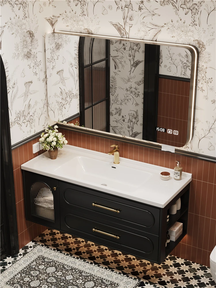 

High-end French side oak paint ceramic integrated basin intelligent combination toilet hand wash washbasin bathroom cabinet