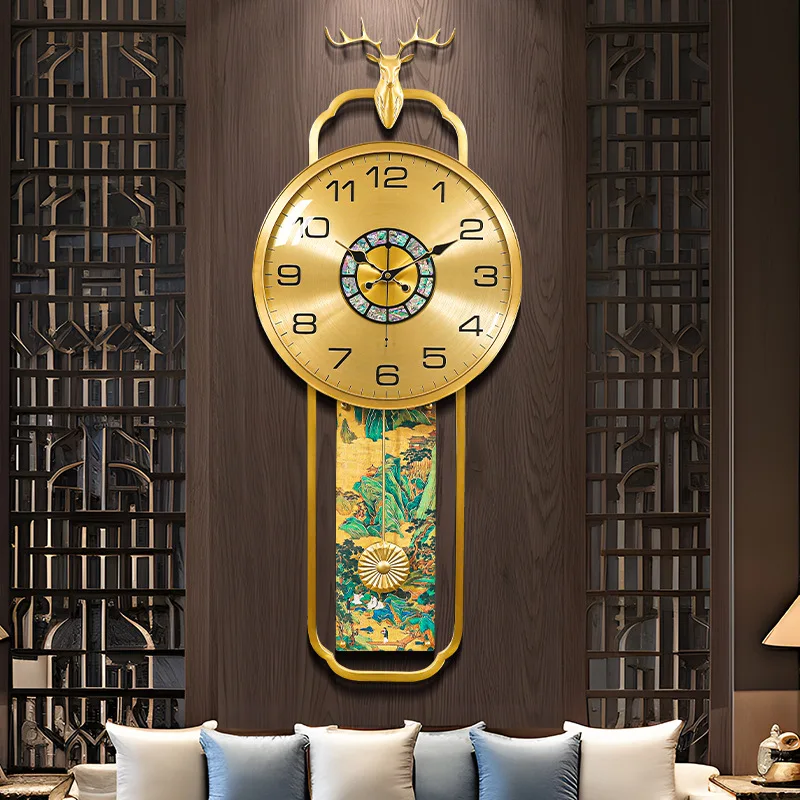 New Chinese brass wall clock Home living room decorative wall clock Creative Jiangshan chart Wall hanging light luxury silent