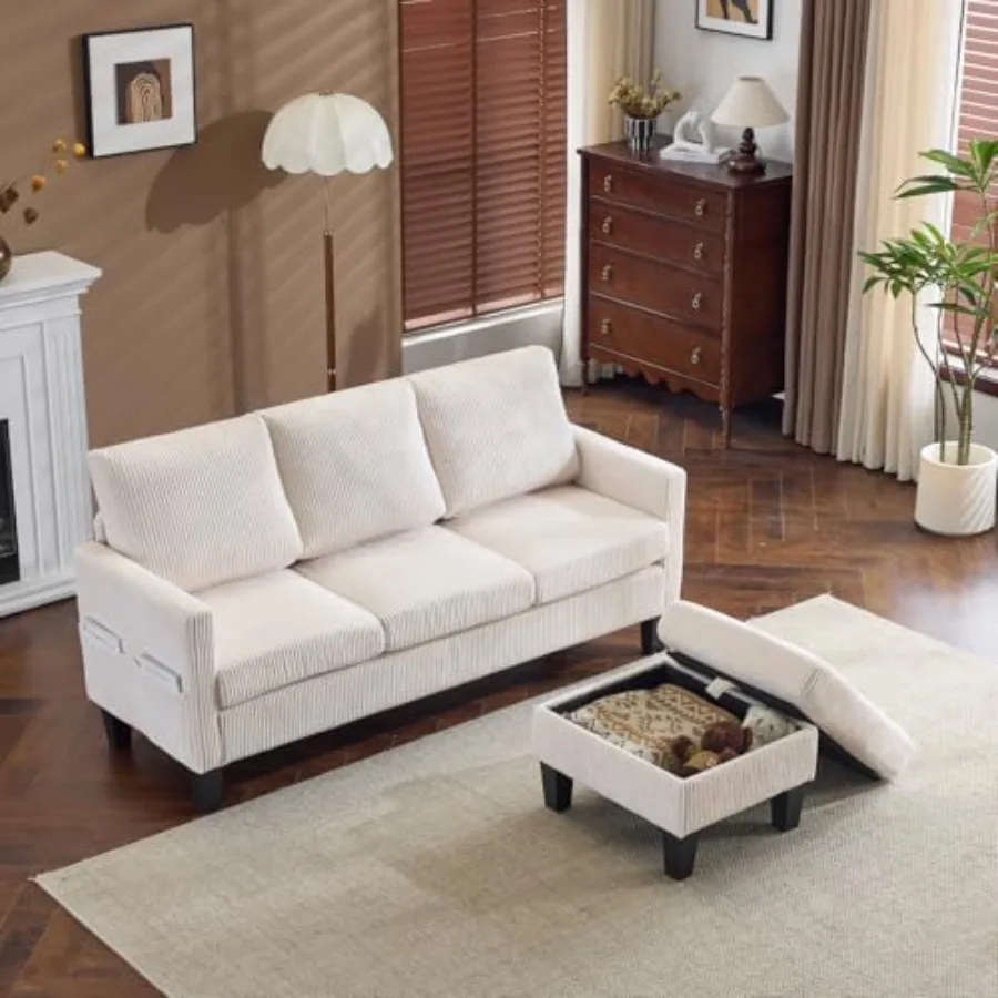 68.5' L-shaped couch for small spaces and apartments, corduroy fabric, gray, movable storage ottoman and reversible chaise