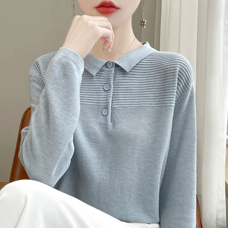 Autumn Winter Wool Worsted Sweater Women Elegent Turn-down Collar Sweater Button Long Sleeve Top Fashion Knit Female Pullover