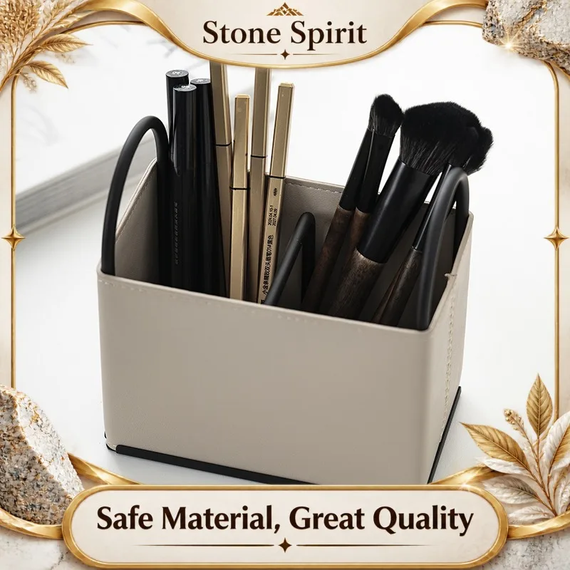 Nordic style Leather Cosmetic Organizer, Multi-Compartment Makeup Brush Pen Holder, Minimalist Vanity Home Desktop Storage Tray