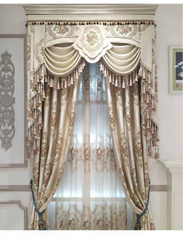 Luxuriöse Verdunkelungsvorhänge aus europäischem Jacquard für Wohnzimmer, Esszimmer, Schlafzimmer, geprägte, verdickte Stickerei, Tüll, Fenster, individuell anpassbar – Detail 1