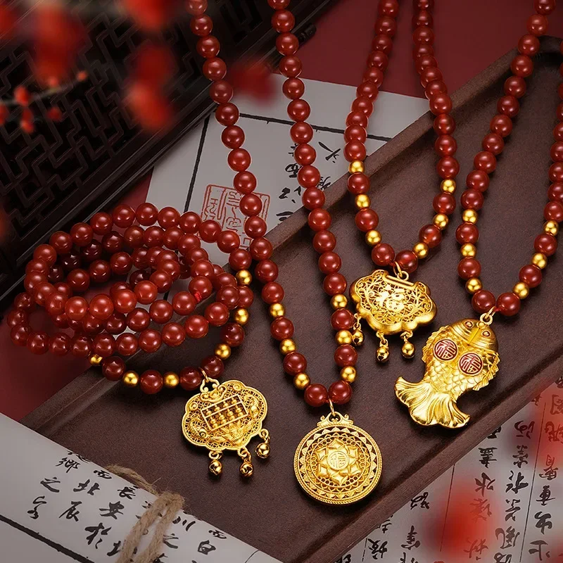 9999 real gold 24K 2024 New Ankara Agate Necklace Accessories Natural  Carp Lotus