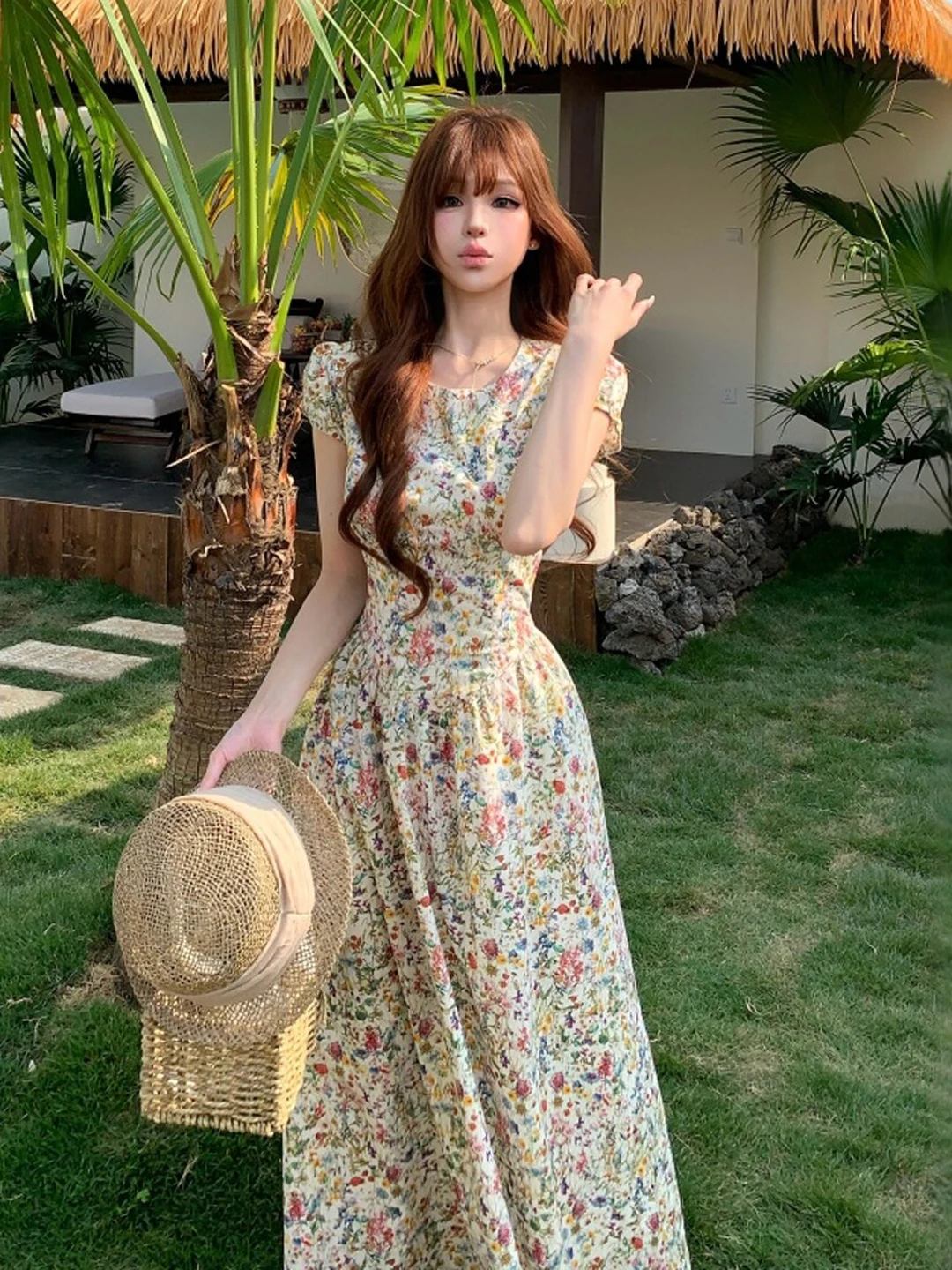 

Retro Floral Print Slim Fit Dress High Waist Soft Style Summer Cotton Short Sleeve Women's Dress Casual City Commute School