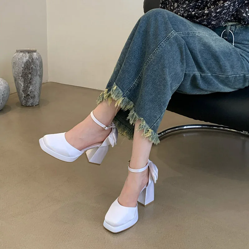 White Platform Pumps Mary Jane Shoes Women Satin Chunky High Heels Sandals Bowknot Square toe Ankle Strap Luxury Female Shoes