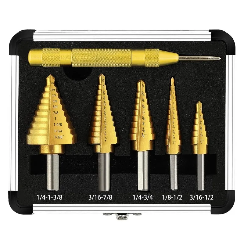 

COMOWARE Step Drill Bit Set 5-Piece Titanium-Coated with Automatic Center Punch - Short Length, Double Cutting Blades, High-Spee