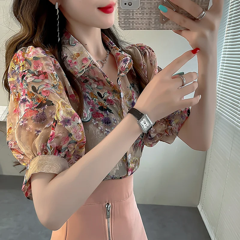2024 Women\'s Summer New Spliced Polo Neck Button Printing Fashion Loose Comfortable All-match Lantern Sleeve Blouses Shirts