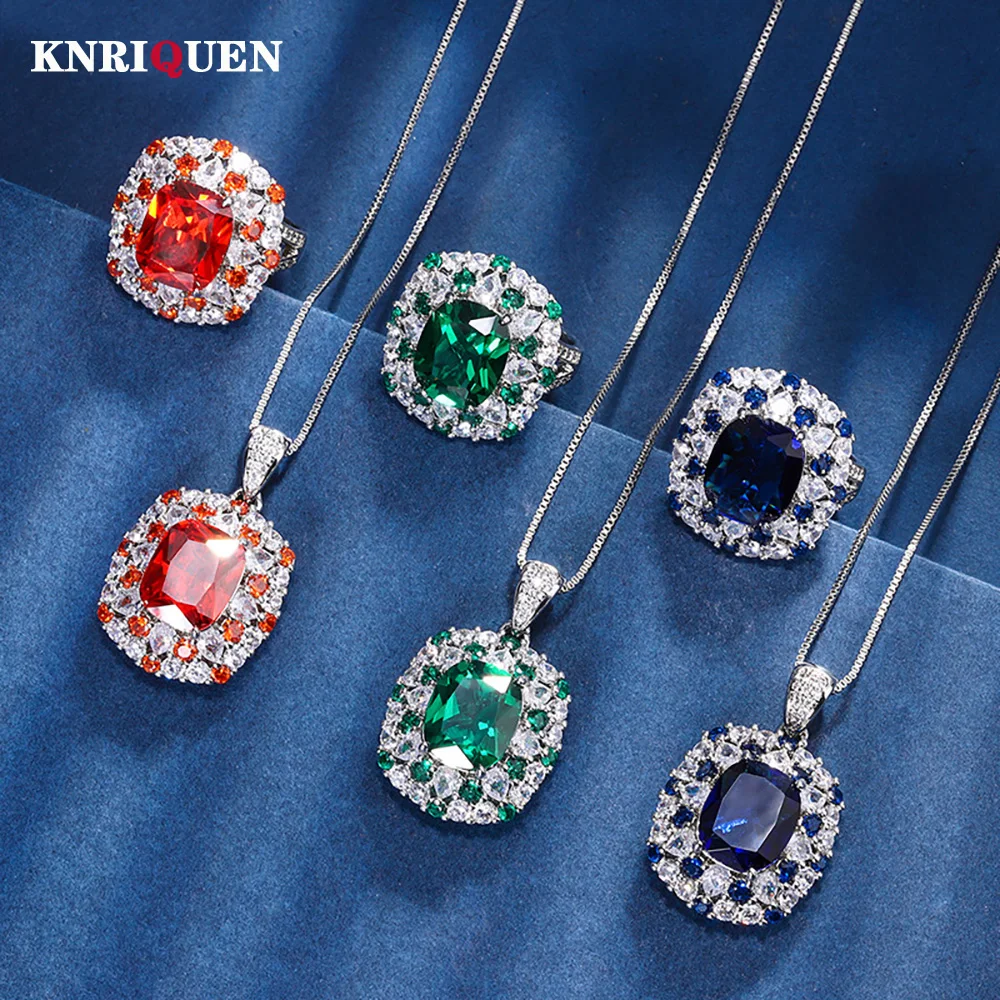 

Retro 10*12mm Emerald Sapphire Gemstone Jewelry Sets for Women Lab Diamond Wedding Party Pendant Necklace Rings Gift Wholesale