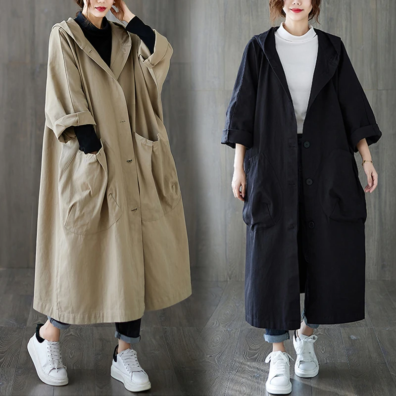 

Женская ветровка больших размеров Jaet Color с капюшоном Long Sve Large ket A-Line Top Autumn Faion Повседневная верхняя одежда