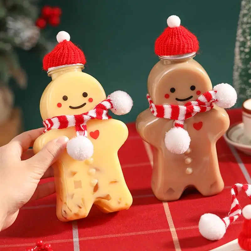 

3pcs Christmas Gingerbread Man Portable Shaker Drink Bottle Transparent Bottle Milk Tea Sealed Bottle Beverage Juice Container